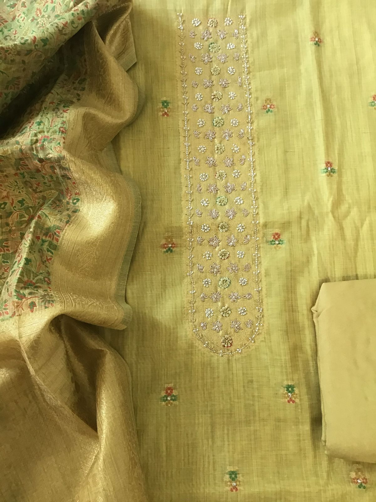 Soft Fine Slub Chanderi Jamdani Weaved Embroidered Suit - Lime Green