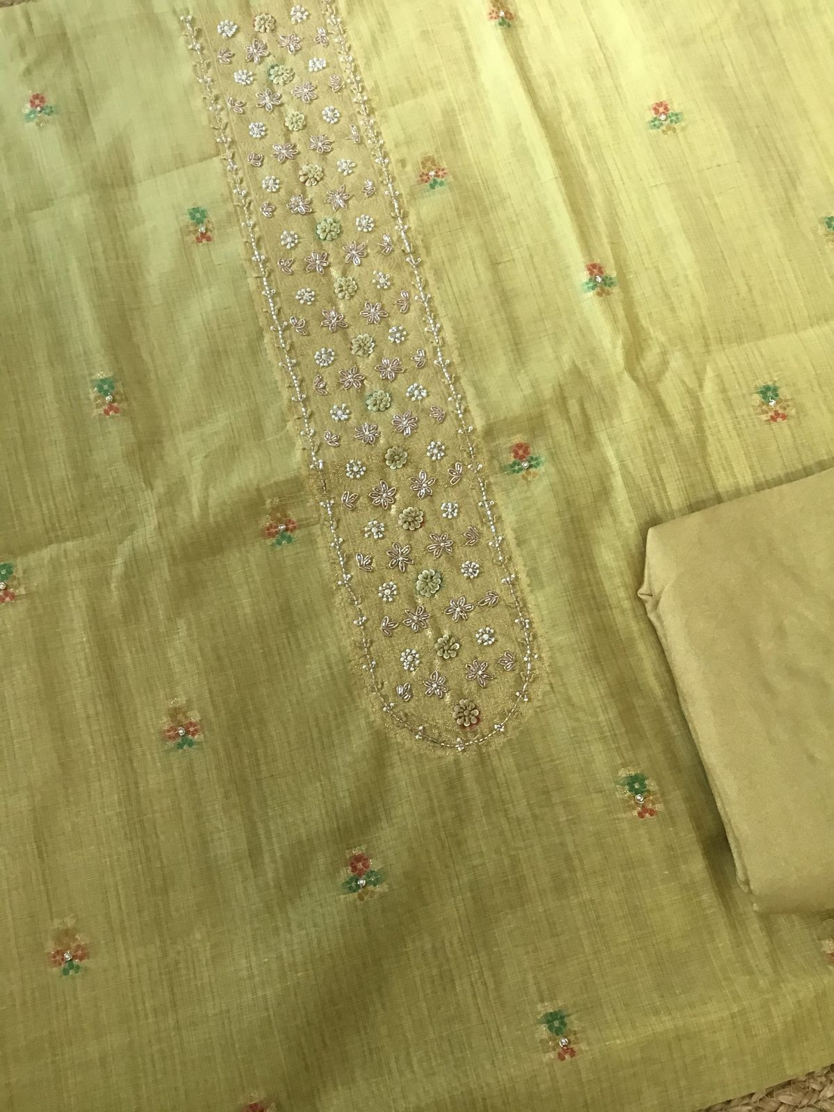 Soft Fine Slub Chanderi Jamdani Weaved Embroidered Suit - Lime Green