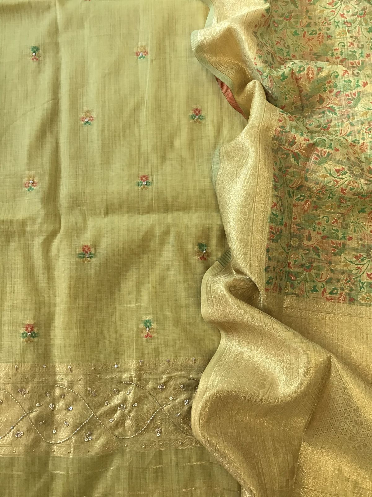 Soft Fine Slub Chanderi Jamdani Weaved Embroidered Suit - Lime Green