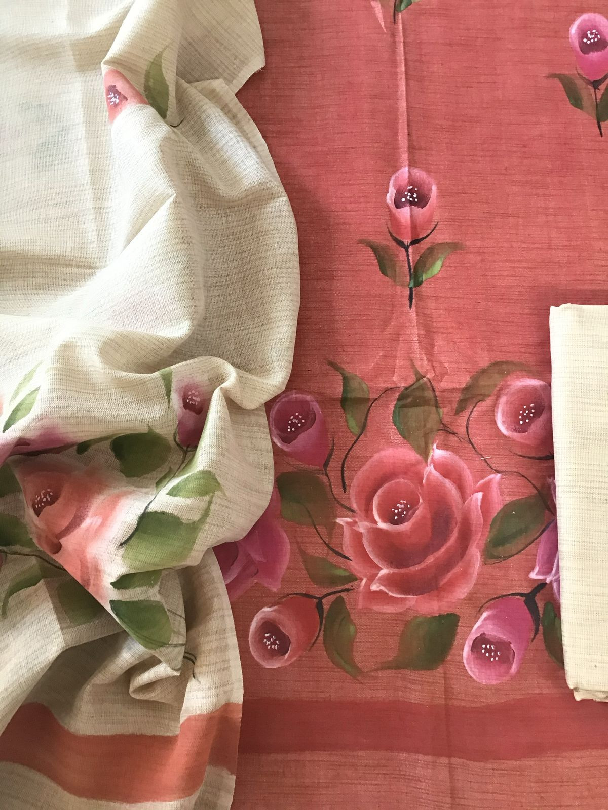 Soft Khadi Cotton Silk Brush Painted Suit - Peach