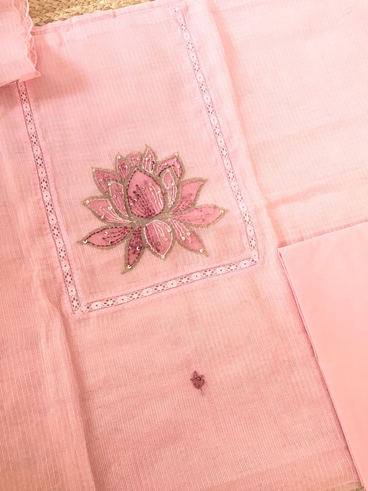 Soft Kota Silk Printed Embroidered Suit - Peach