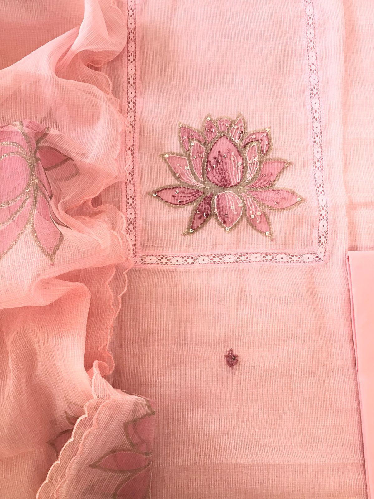 Soft Kota Silk Printed Embroidered Suit - Peach