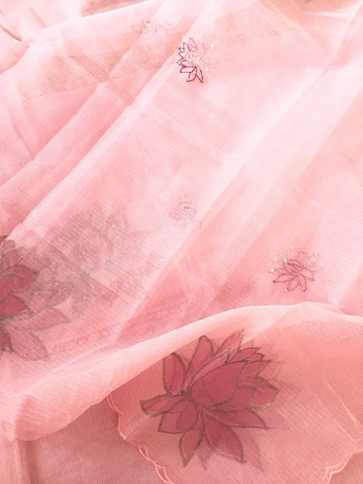 Soft Kota Silk Printed Embroidered Suit - Peach