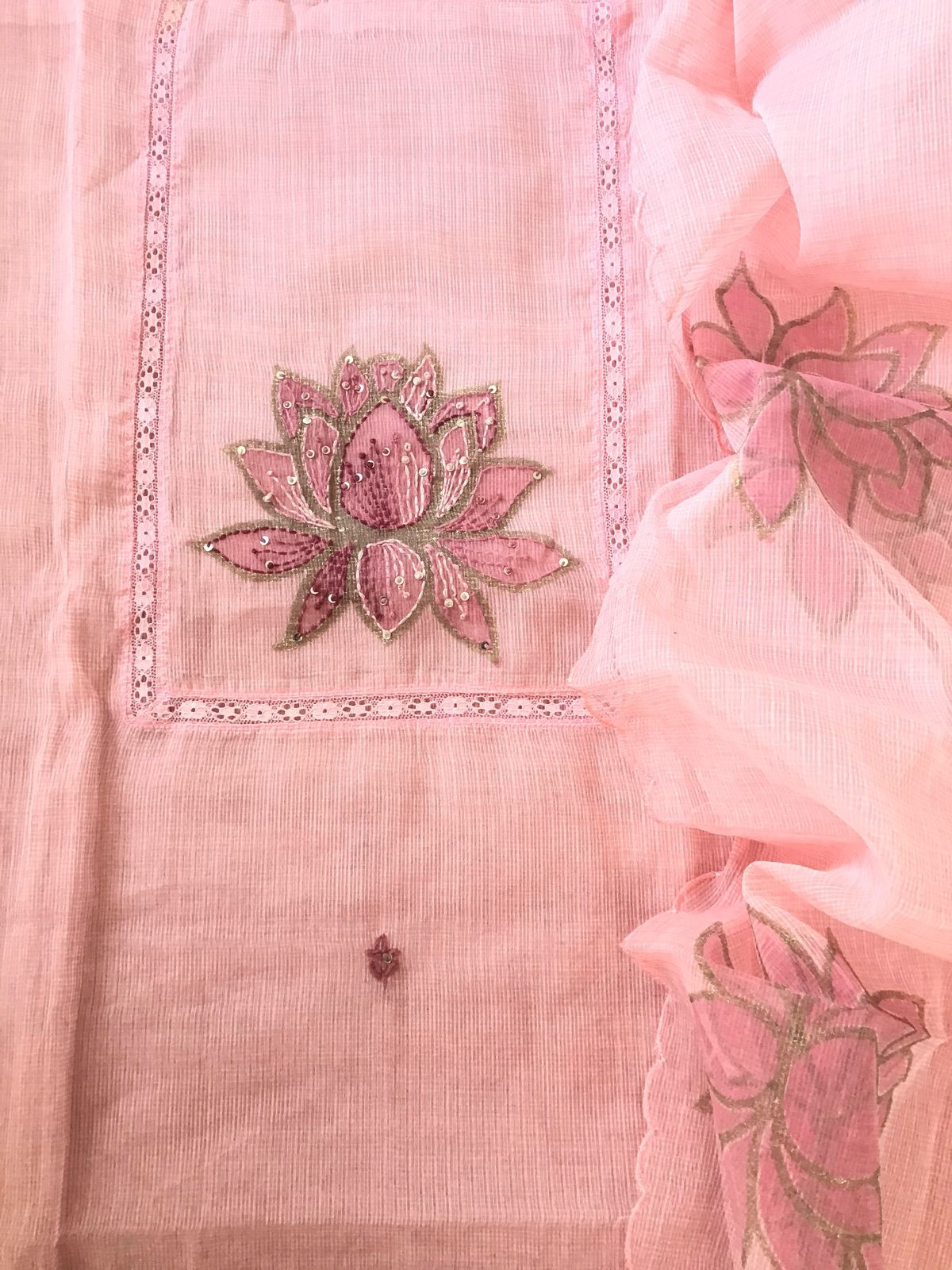 Soft Kota Silk Printed Embroidered Suit - Peach