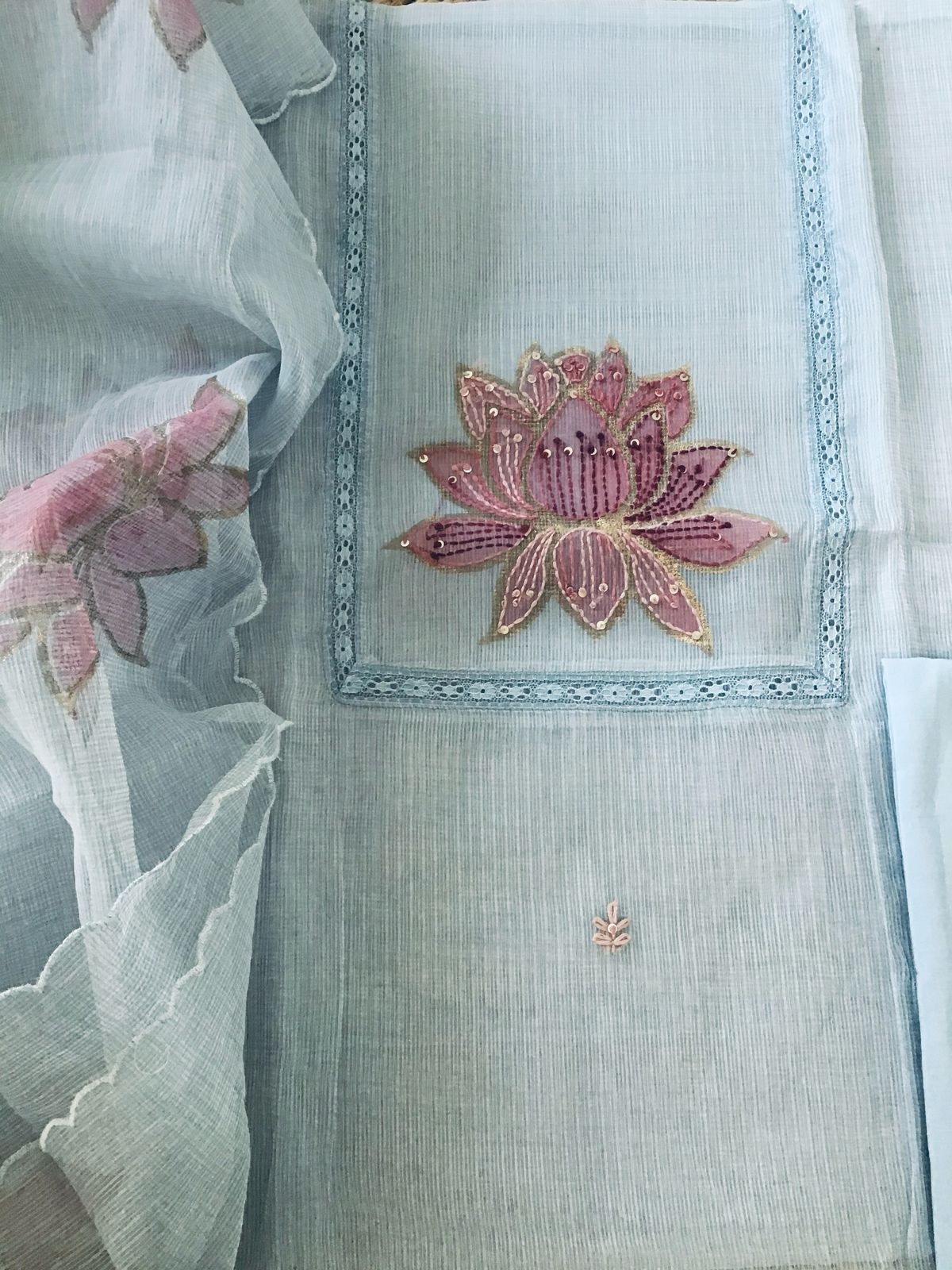 Soft Kota Silk Printed Embroidered Suit - Powder Blue