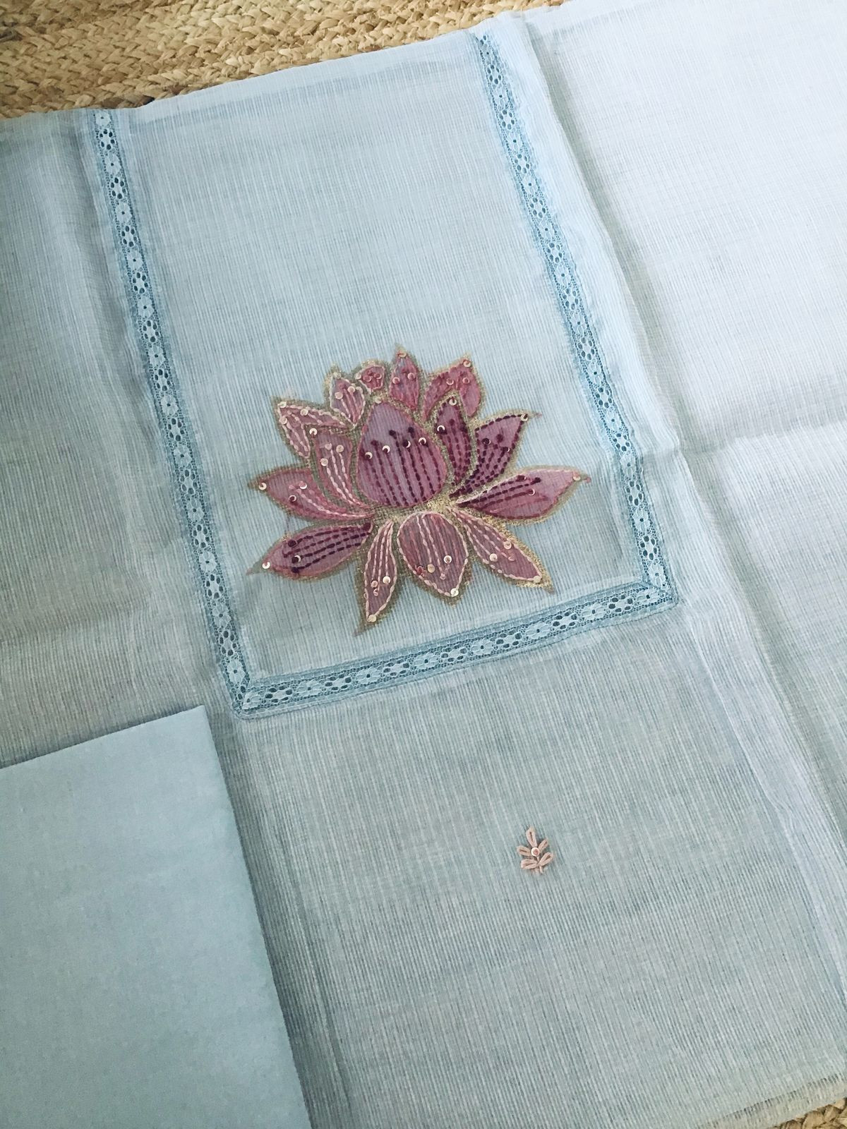 Soft Kota Silk Printed Embroidered Suit - Powder Blue