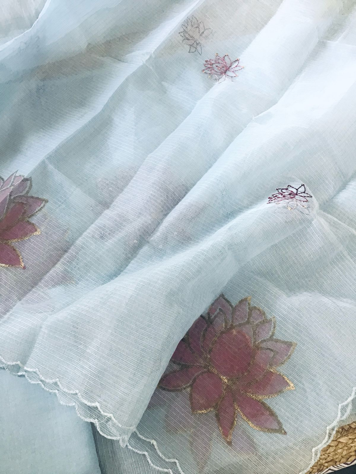 Soft Kota Silk Printed Embroidered Suit - Powder Blue