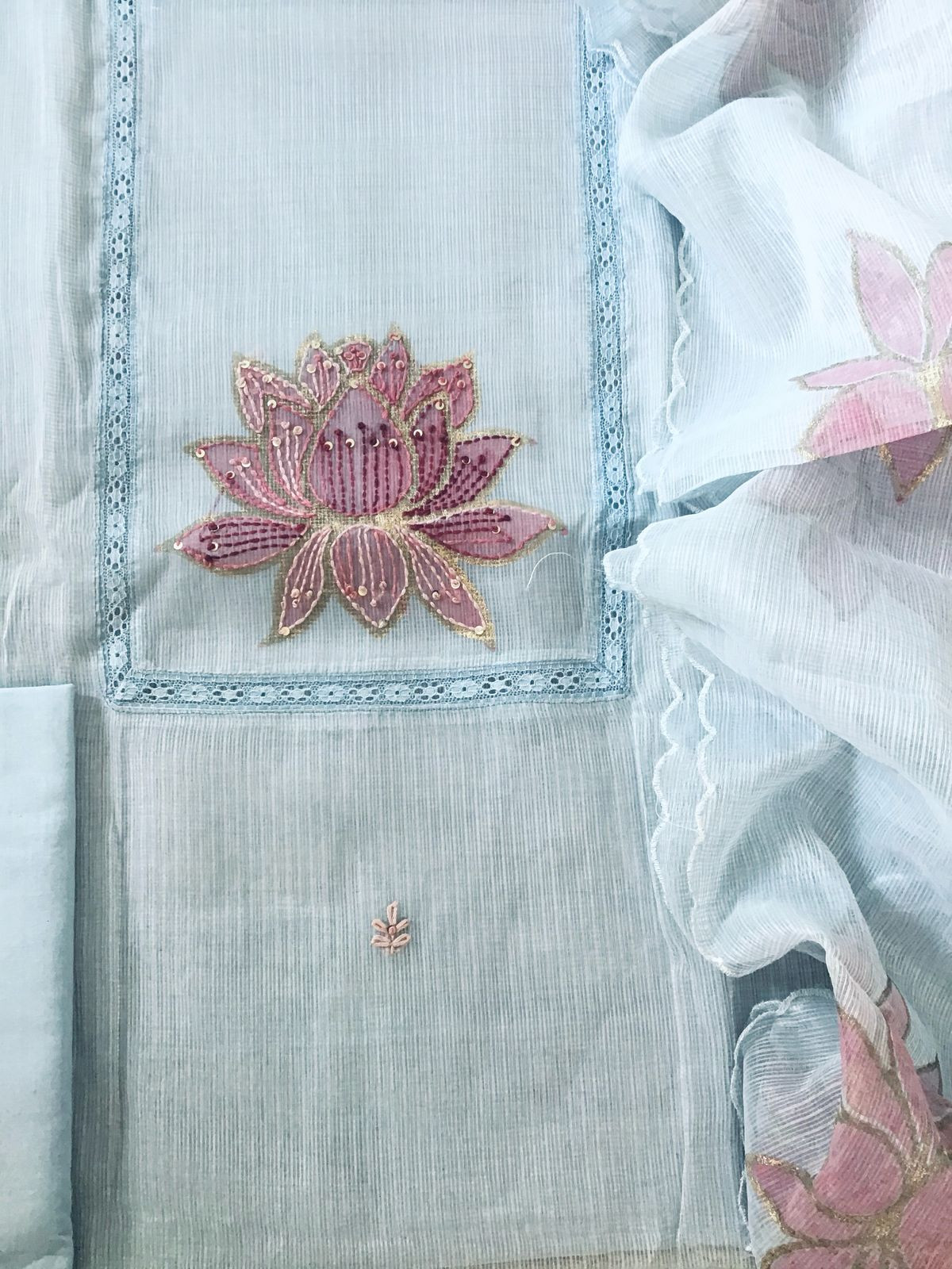 Soft Kota Silk Printed Embroidered Suit - Powder Blue