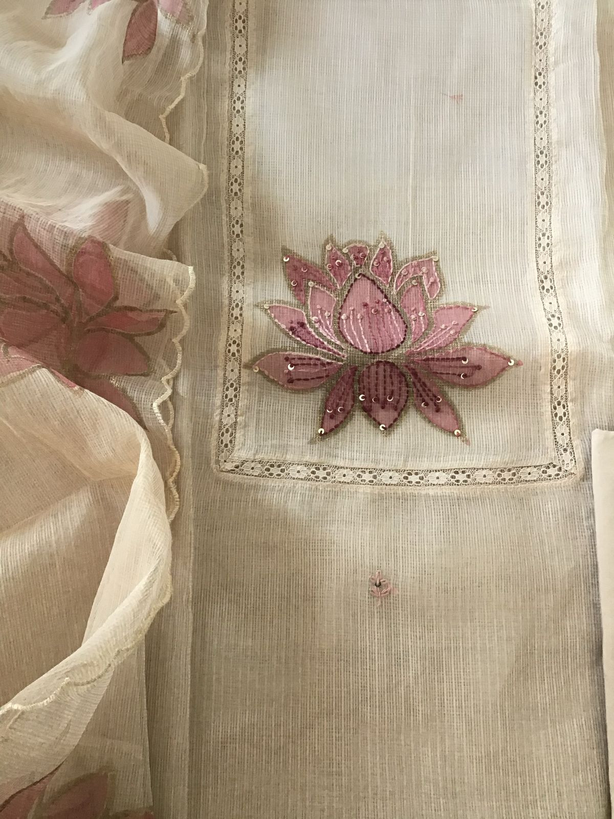 Soft Kota Silk Printed Embroidered Suit - Beige