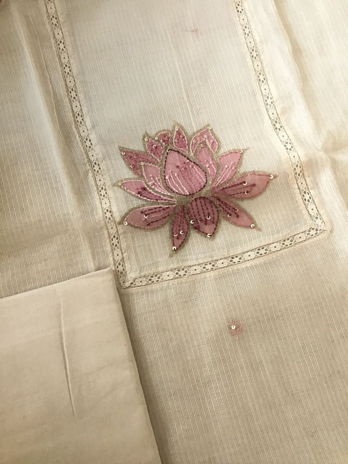 Soft Kota Silk Printed Embroidered Suit - Beige