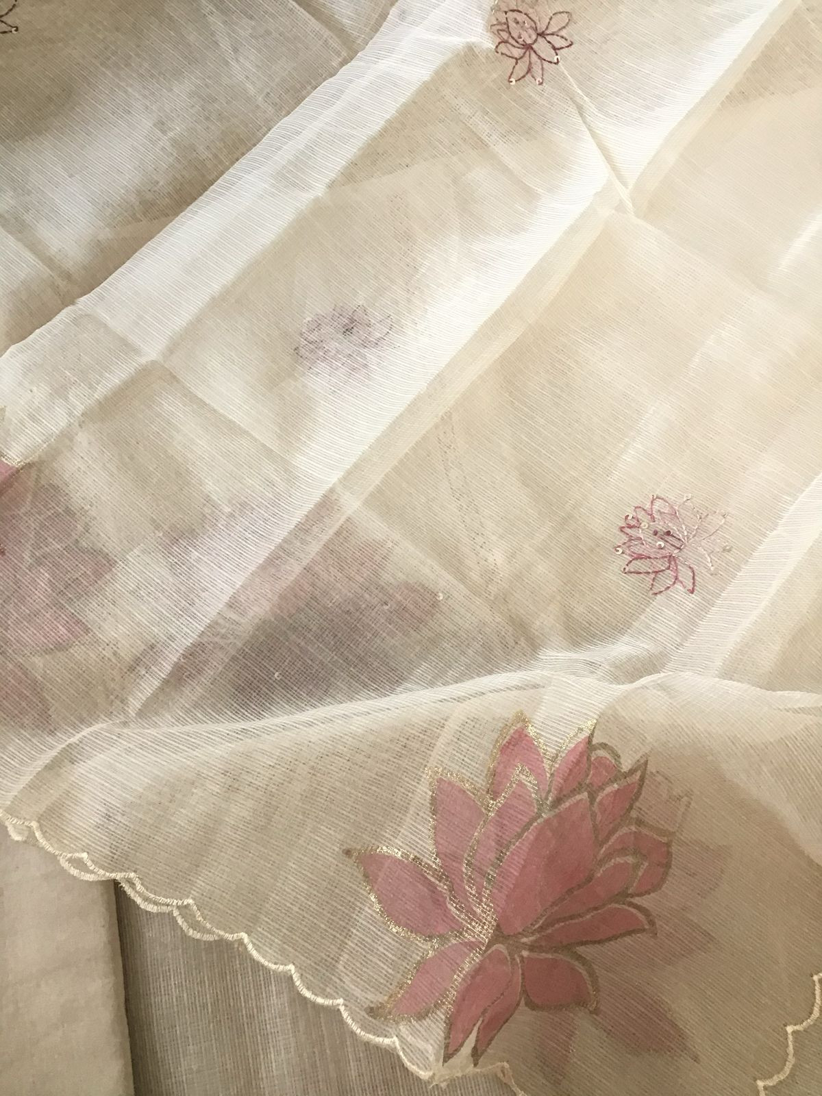 Soft Kota Silk Printed Embroidered Suit - Beige