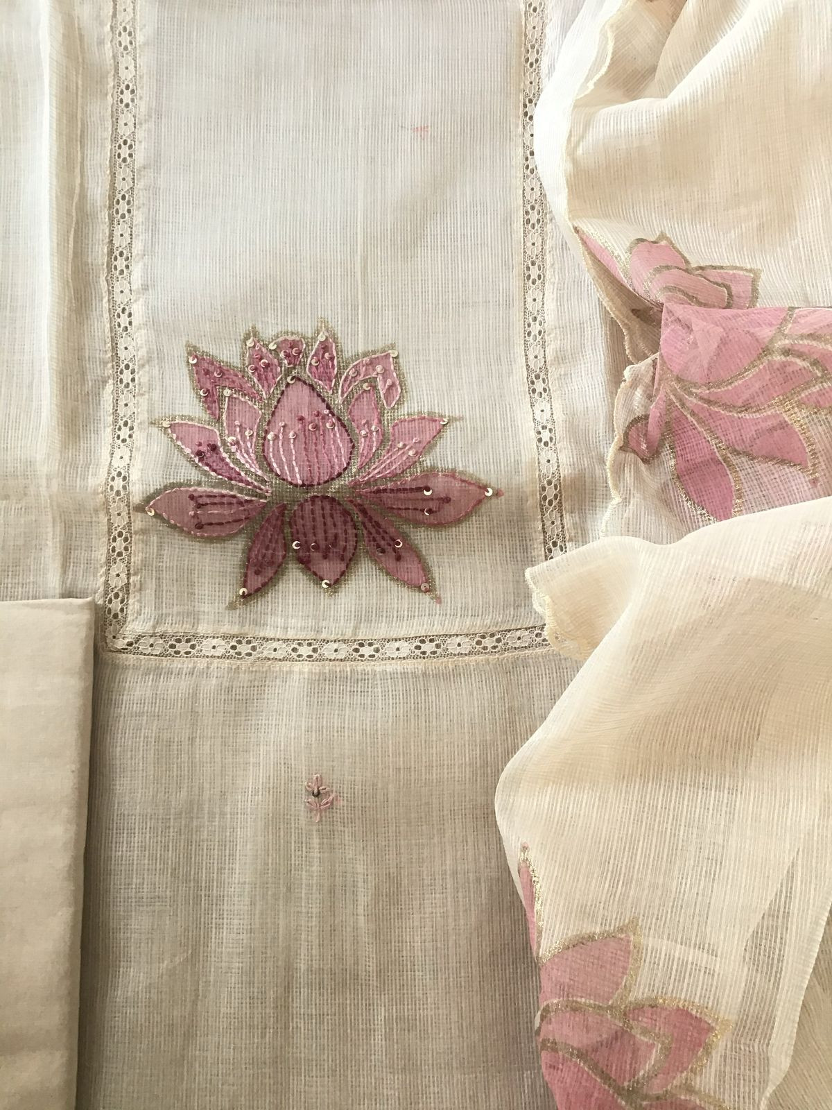 Soft Kota Silk Printed Embroidered Suit - Beige