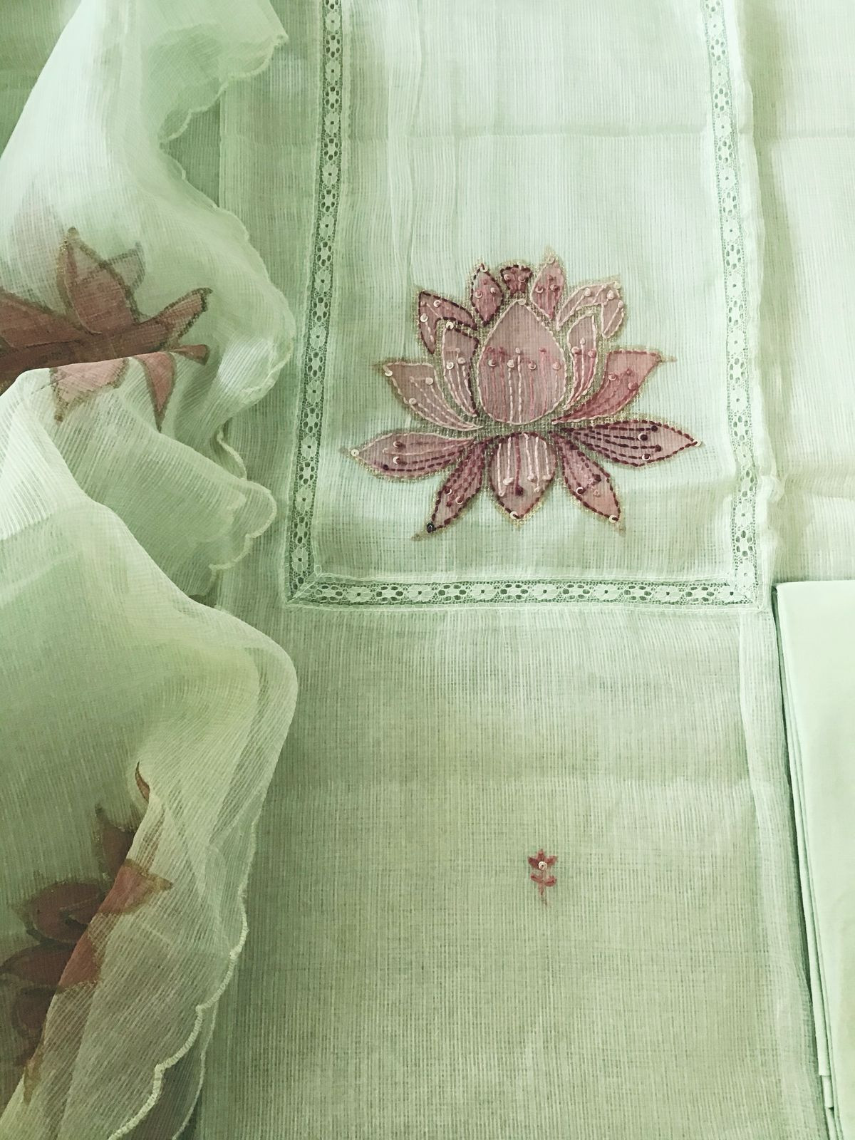 Soft Kota Silk Printed Embroidered Suit - Green