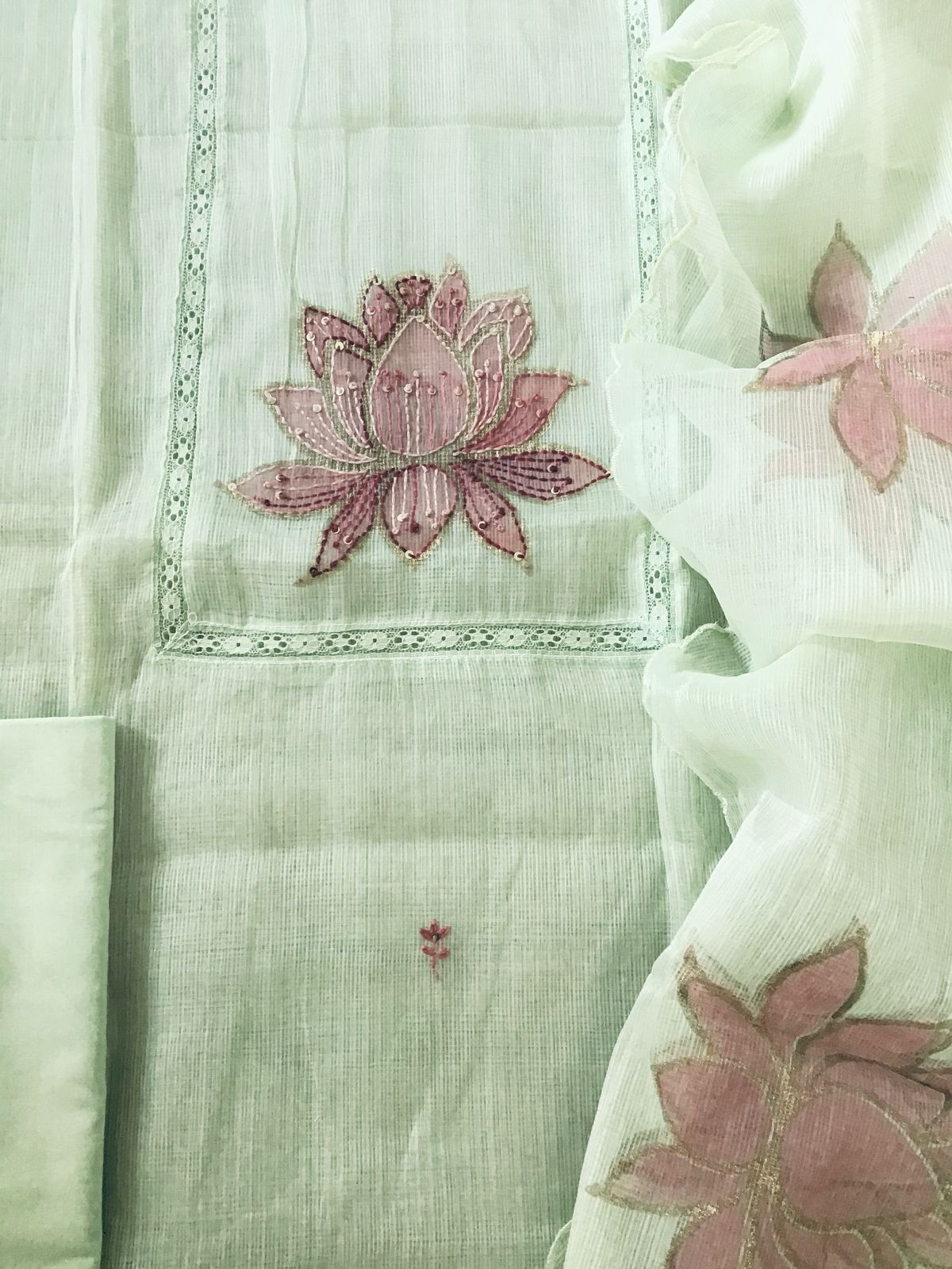 Soft Kota Silk Printed Embroidered Suit - Green