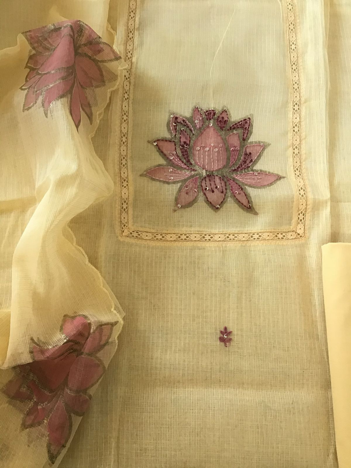 Soft Kota Silk Printed Embroidered Suit - Yellow