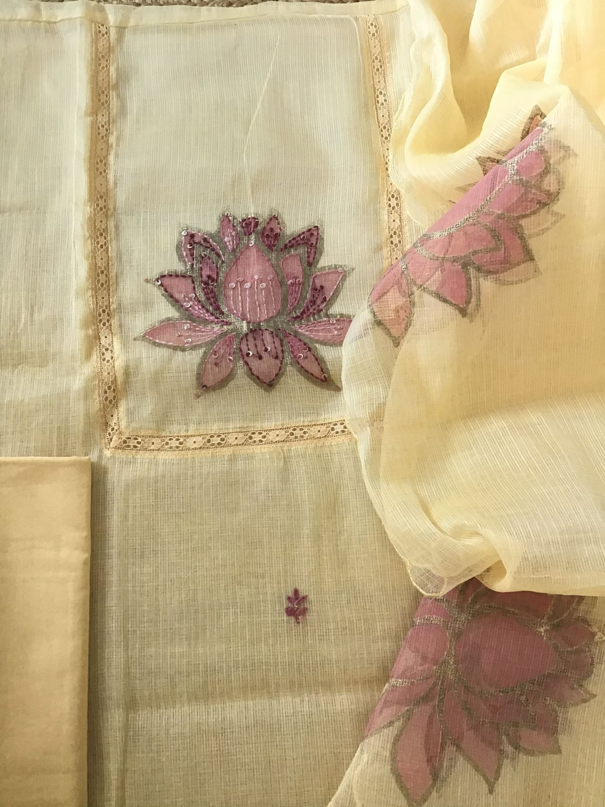 Soft Kota Silk Printed Embroidered Suit - Yellow