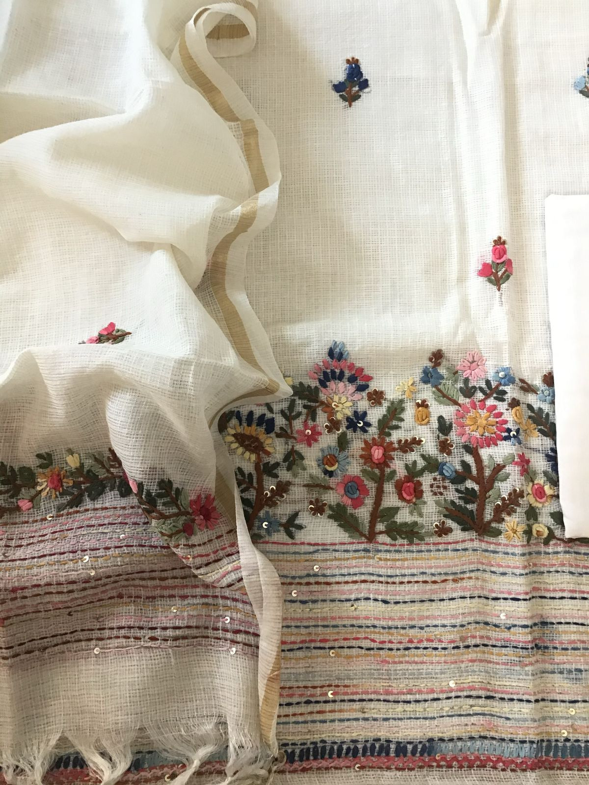 Soft Kota Silk Embroidered Suit - Offwhite