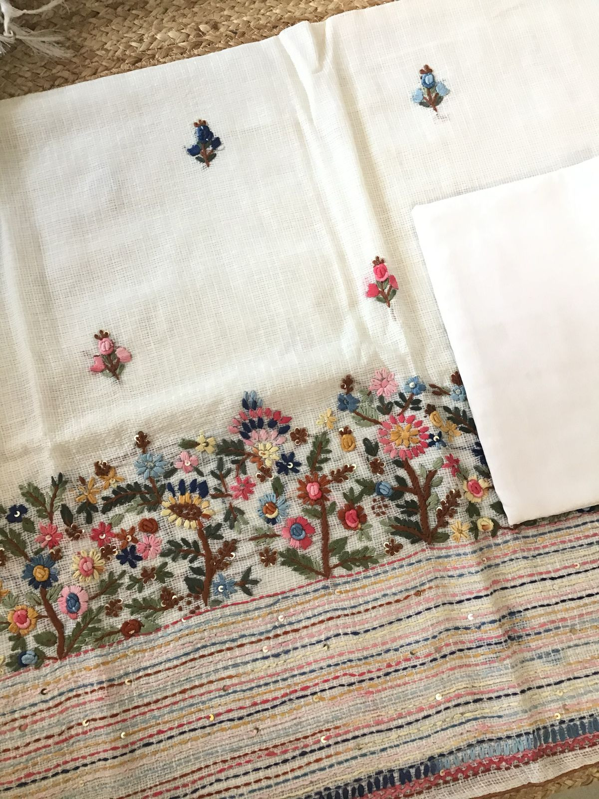 Soft Kota Silk Embroidered Suit - Offwhite