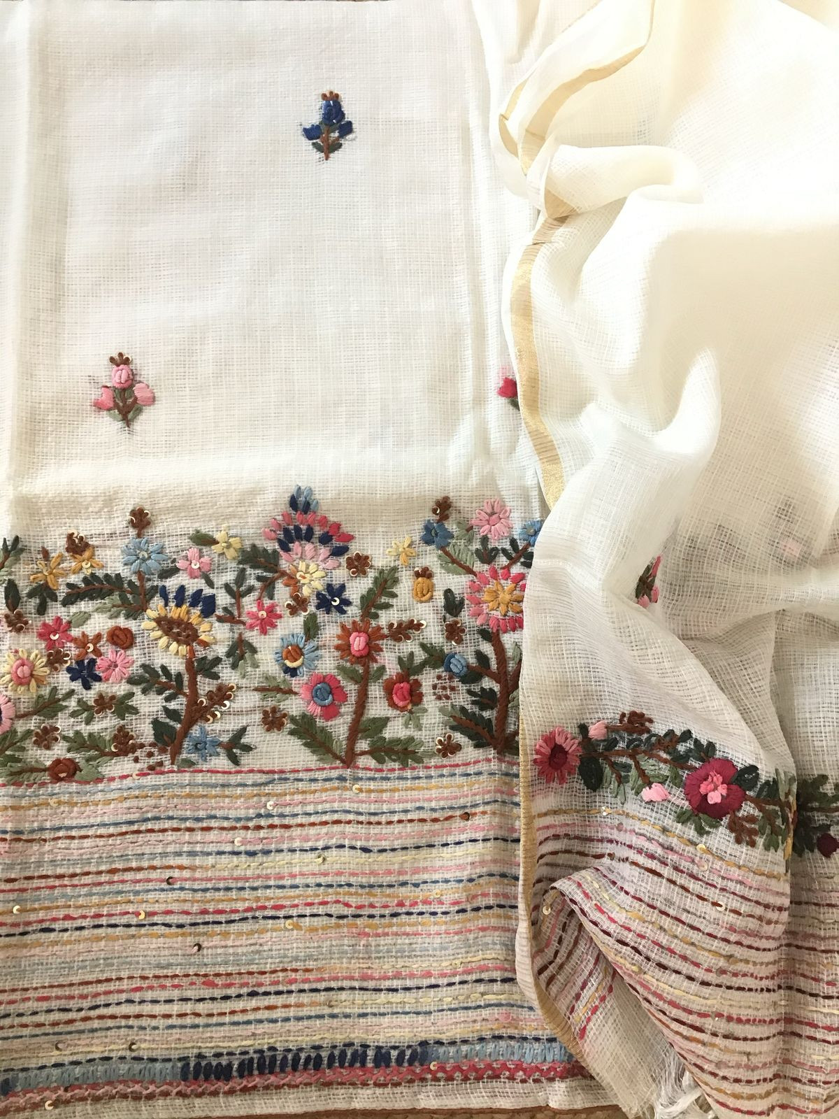 Soft Kota Silk Embroidered Suit - Offwhite