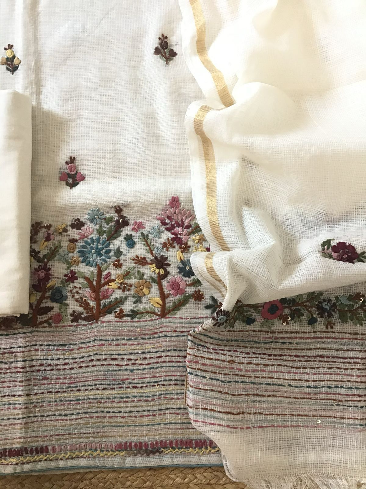 Soft Kota Silk Embroidered Suit - Offwhite