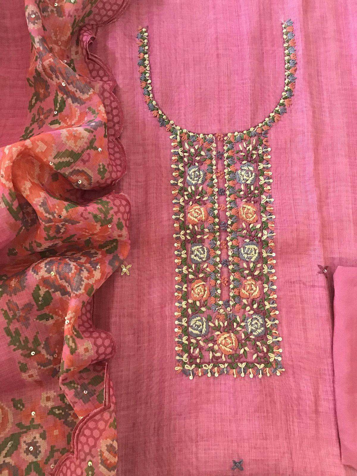 Soft Tissue Slub Cotton Printed Embroidered Suit - Pink