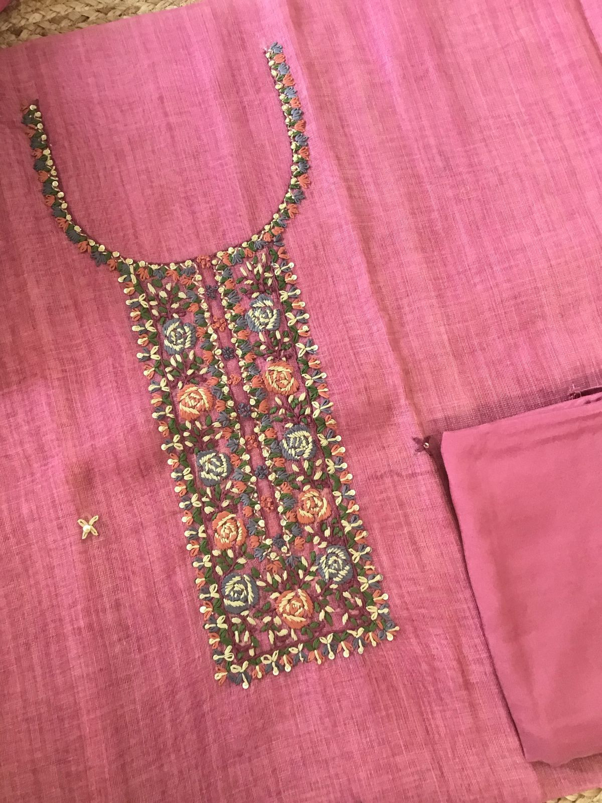 Soft Tissue Slub Cotton Printed Embroidered Suit - Pink