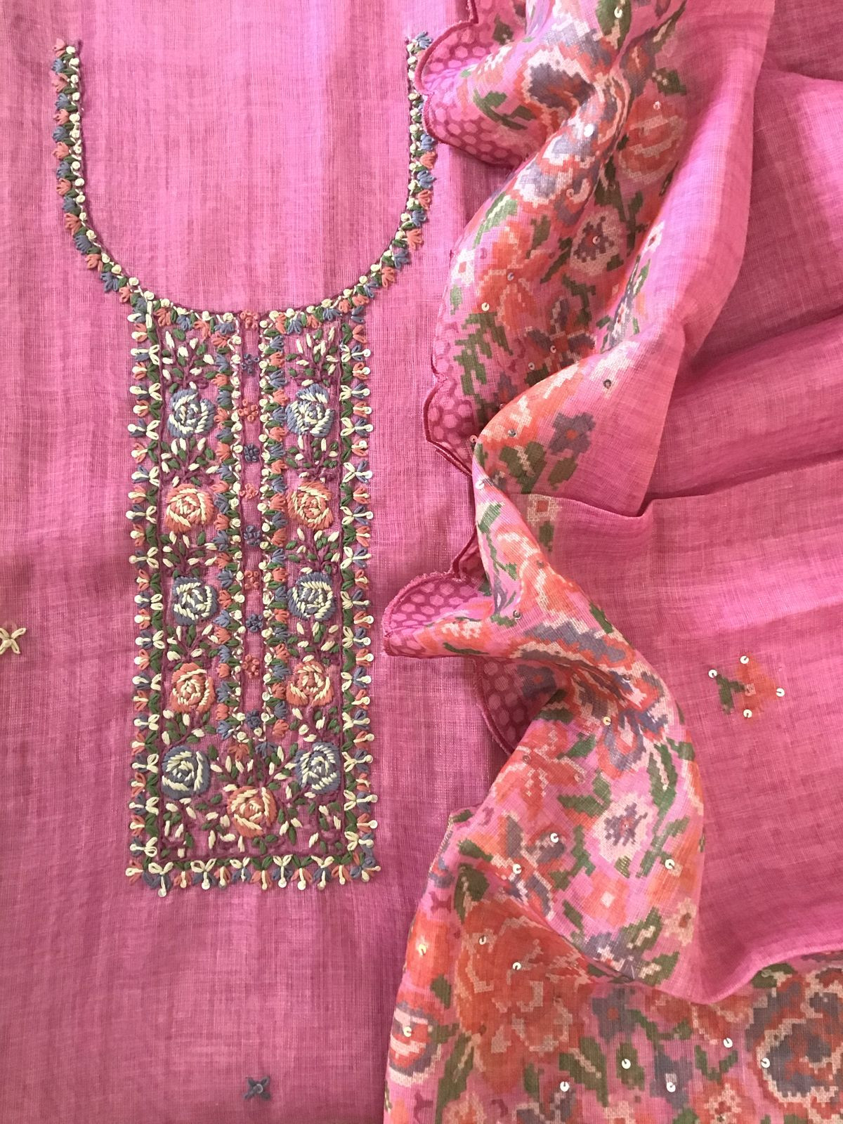 Soft Tissue Slub Cotton Printed Embroidered Suit - Pink