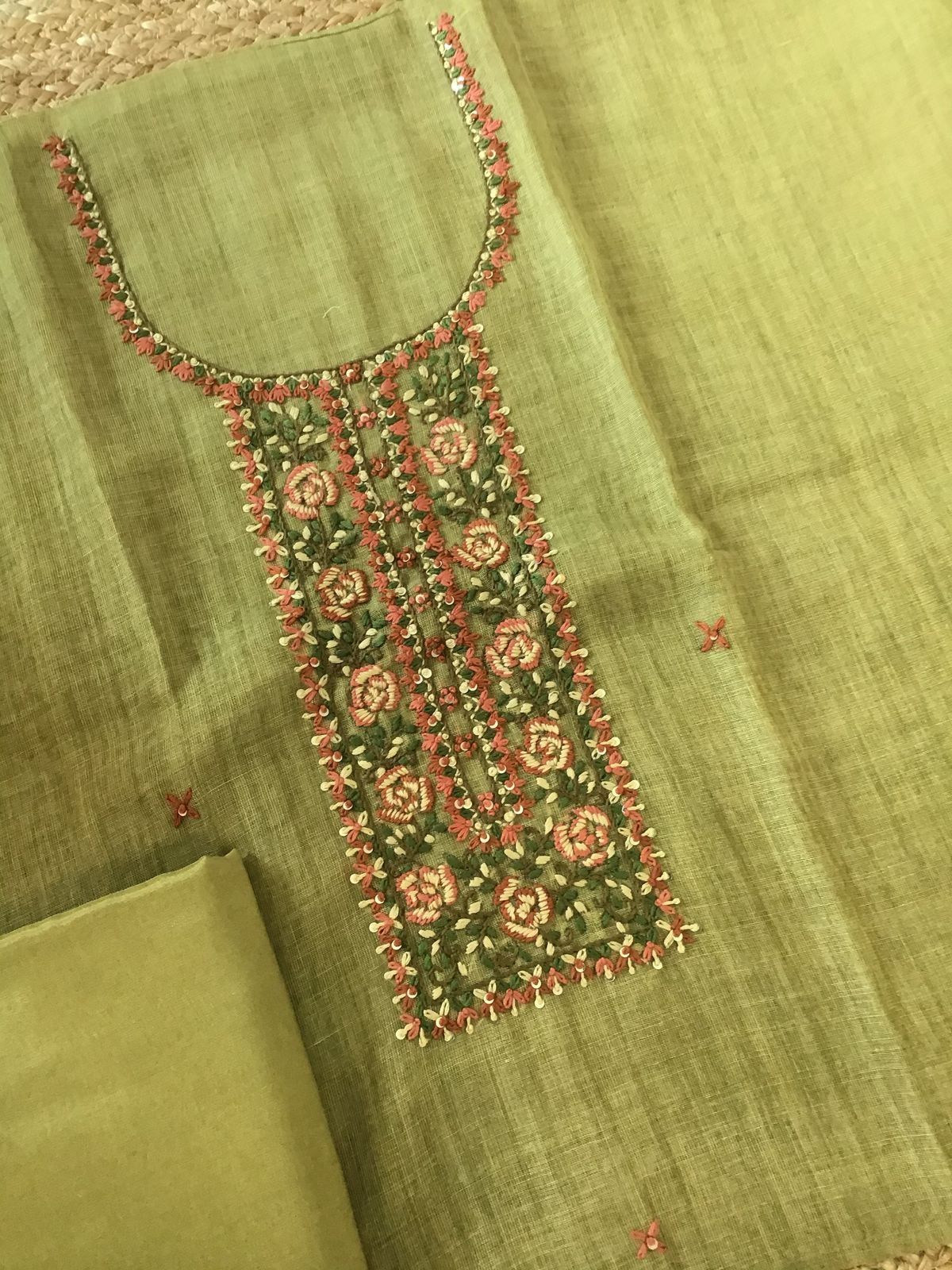 Soft Tissue Slub Cotton Printed Embroidered Suit - Green