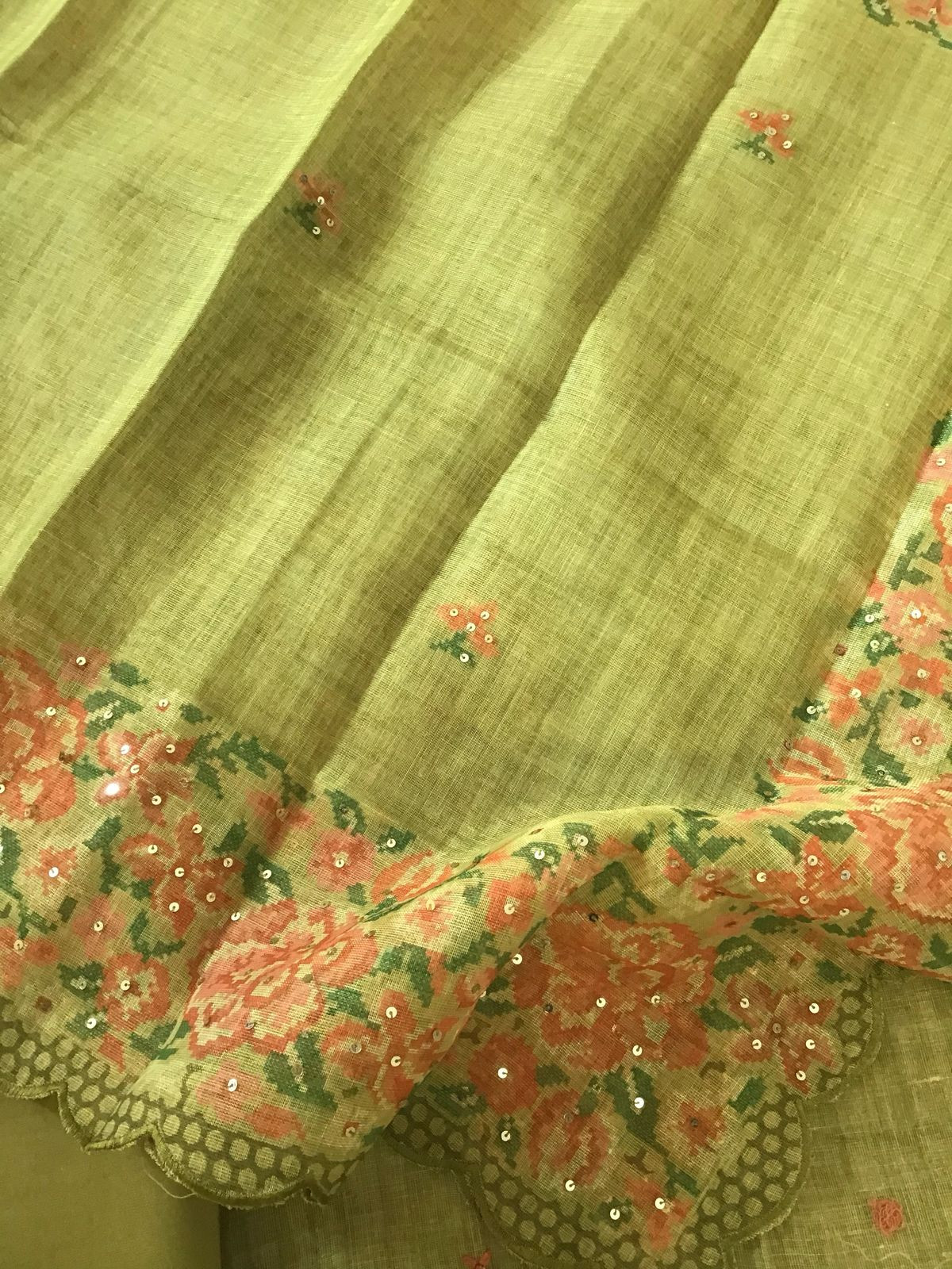 Soft Tissue Slub Cotton Printed Embroidered Suit - Green