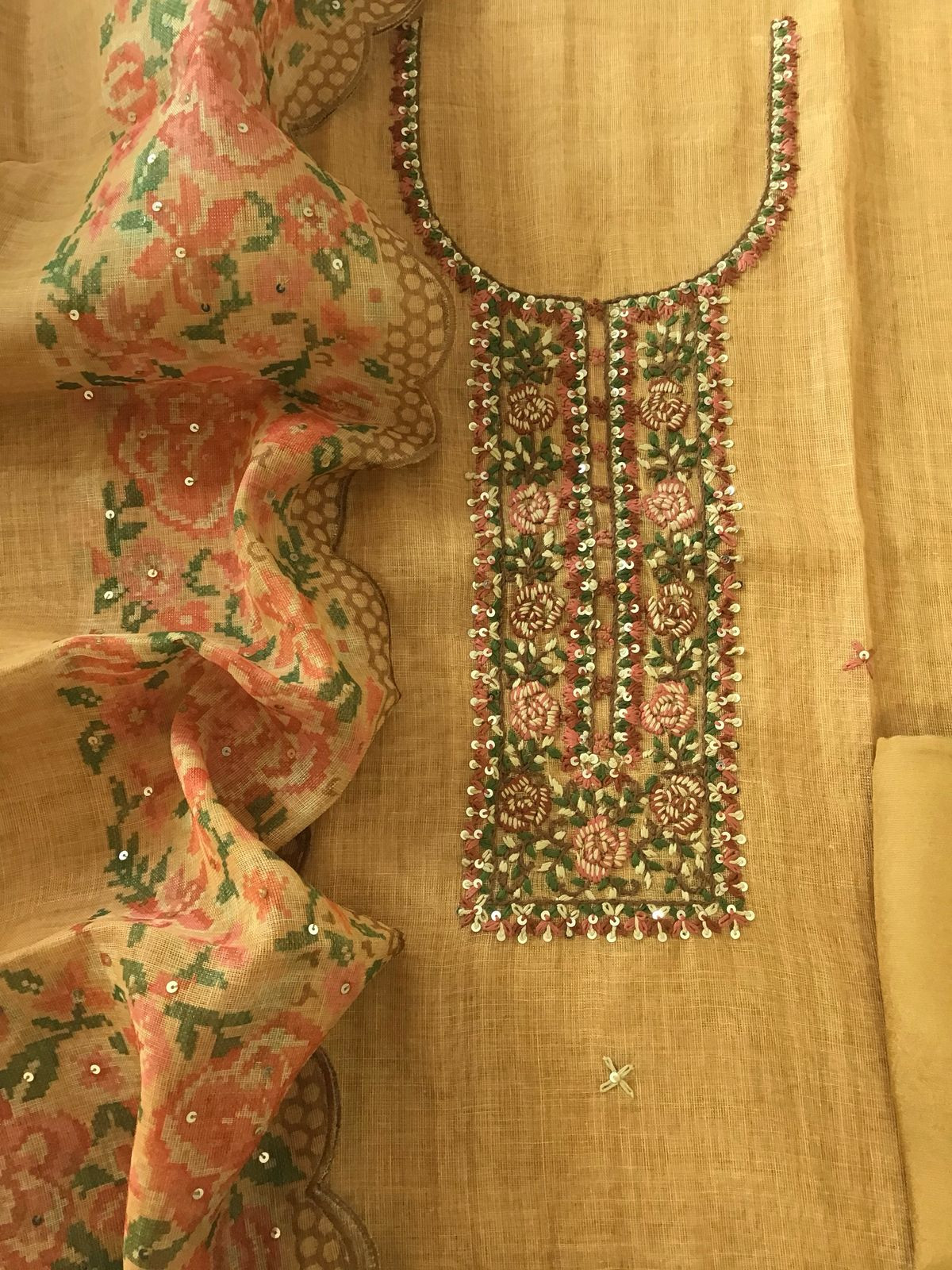 Soft Tissue Slub Cotton Printed Embroidered Suit - Yellow