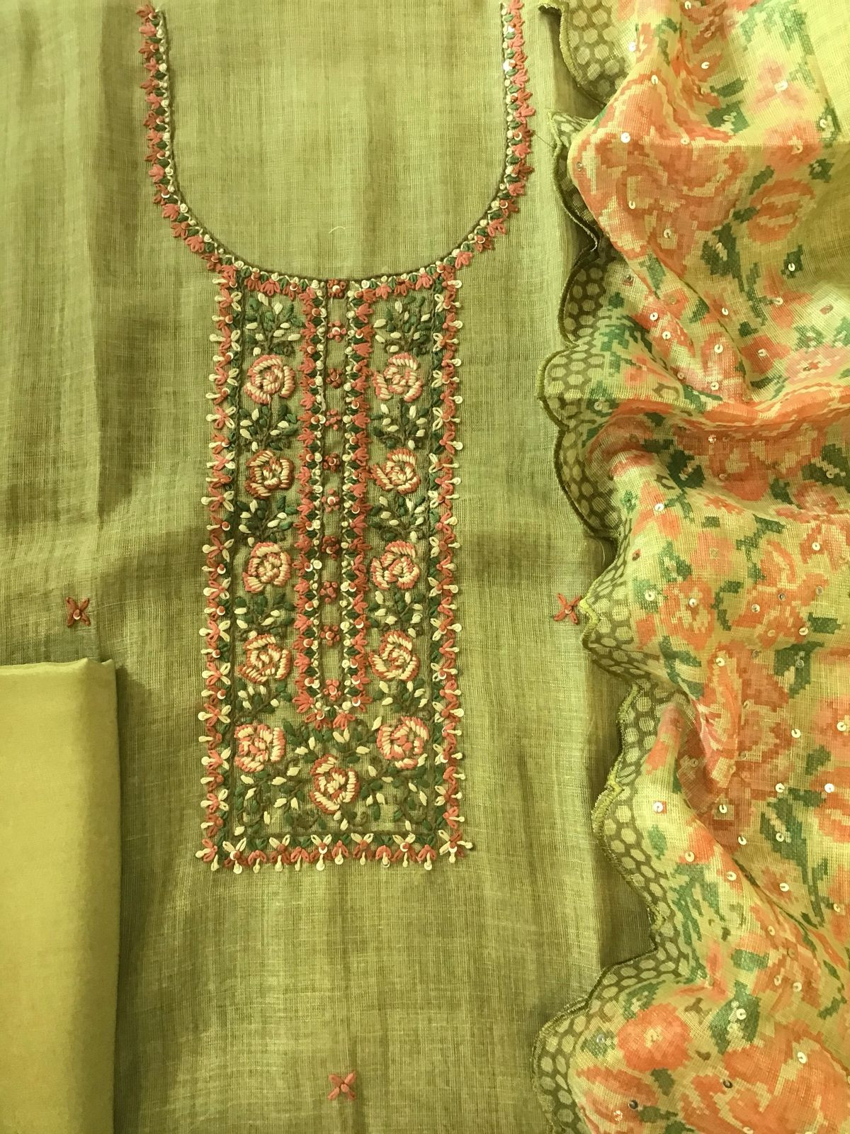 Soft Tissue Slub Cotton Printed Embroidered Suit - Green