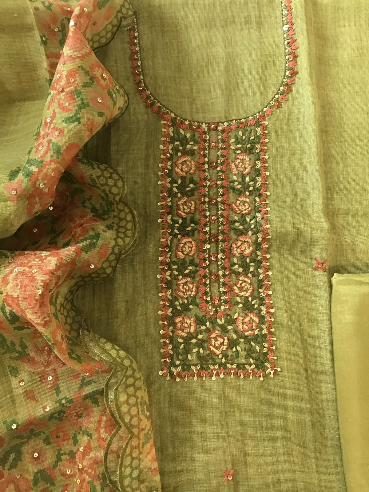 Soft Tissue Slub Cotton Printed Embroidered Suit - Green