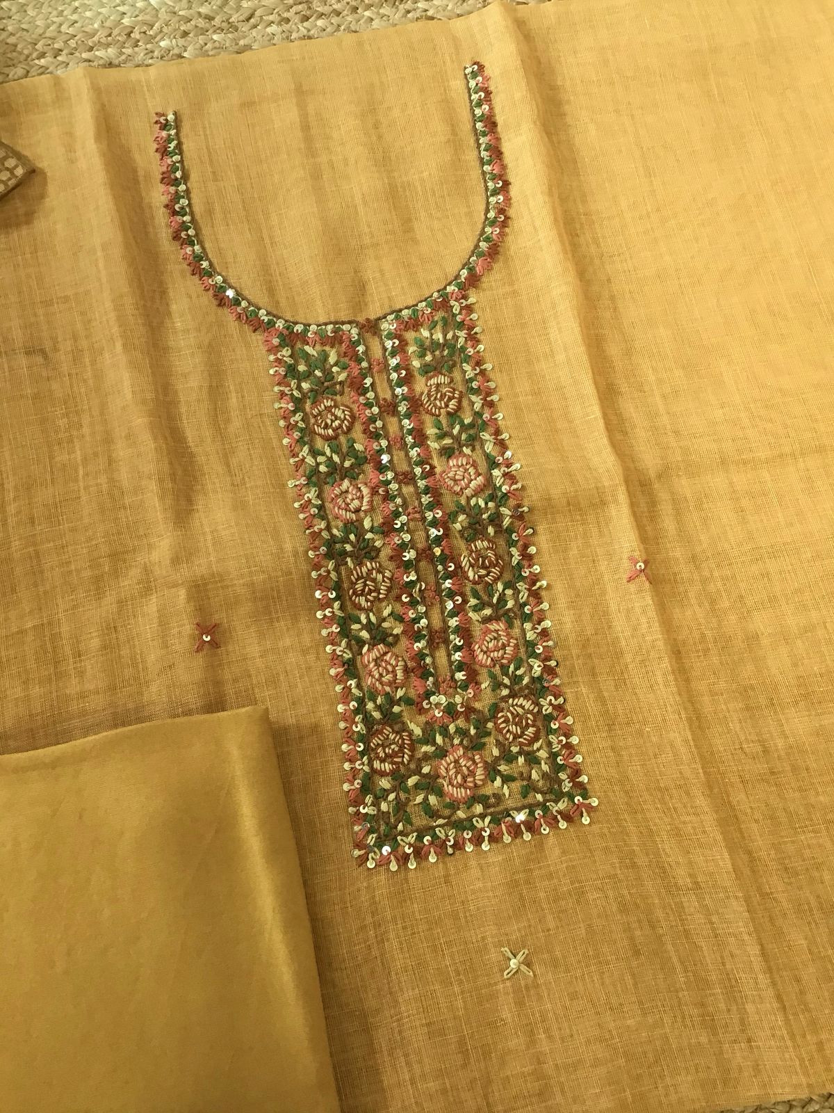 Soft Tissue Slub Cotton Printed Embroidered Suit - Yellow