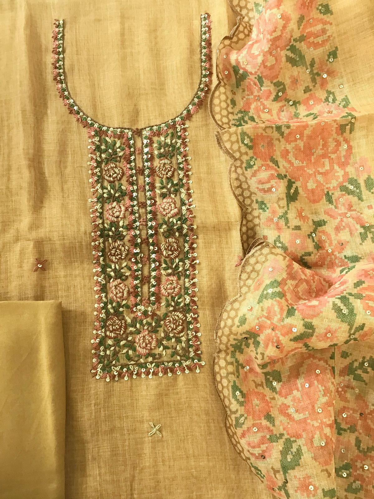 Soft Tissue Slub Cotton Printed Embroidered Suit - Yellow