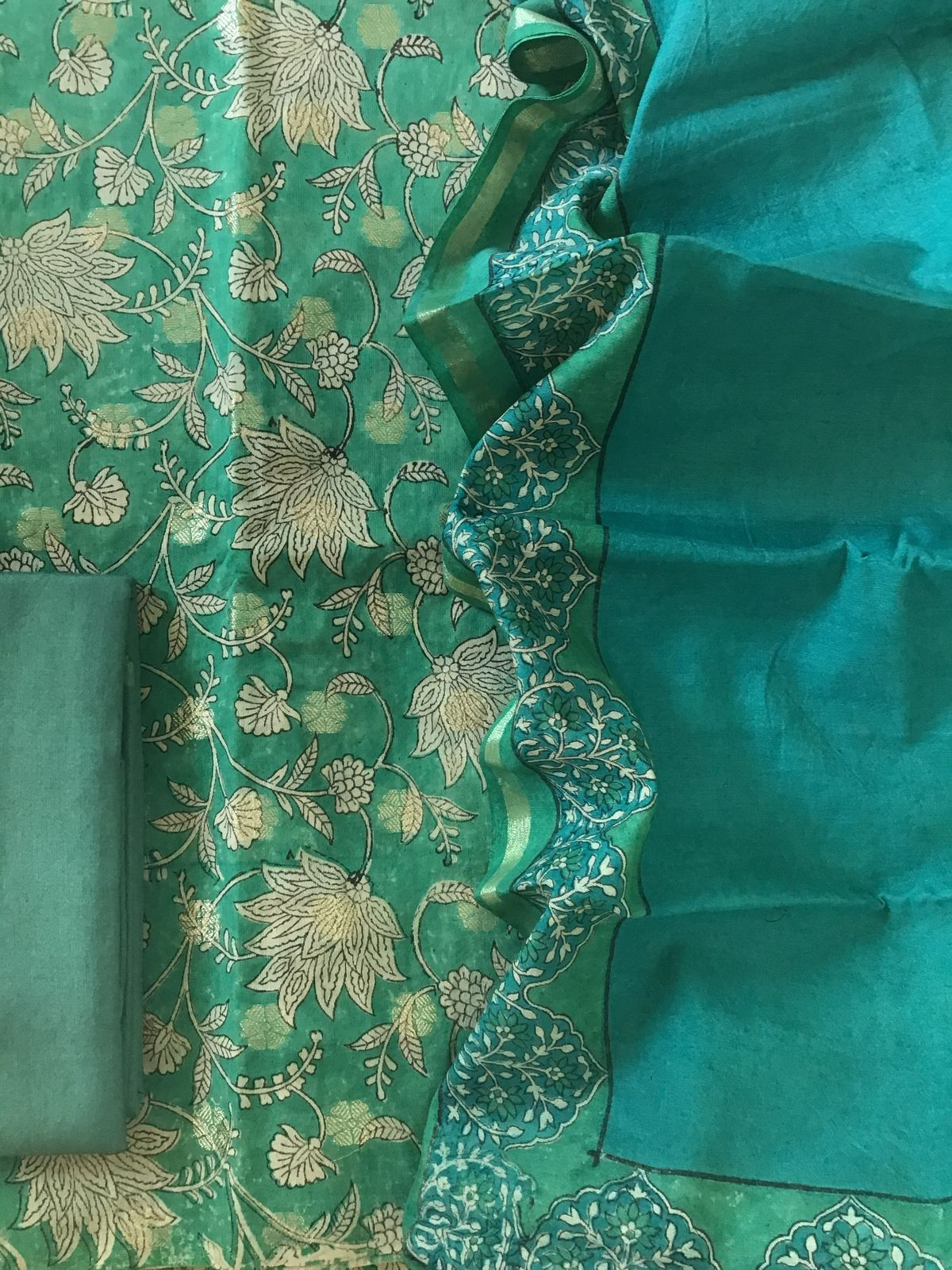 Pure Chanderi Printed Banarasi Weaved Suit - Green