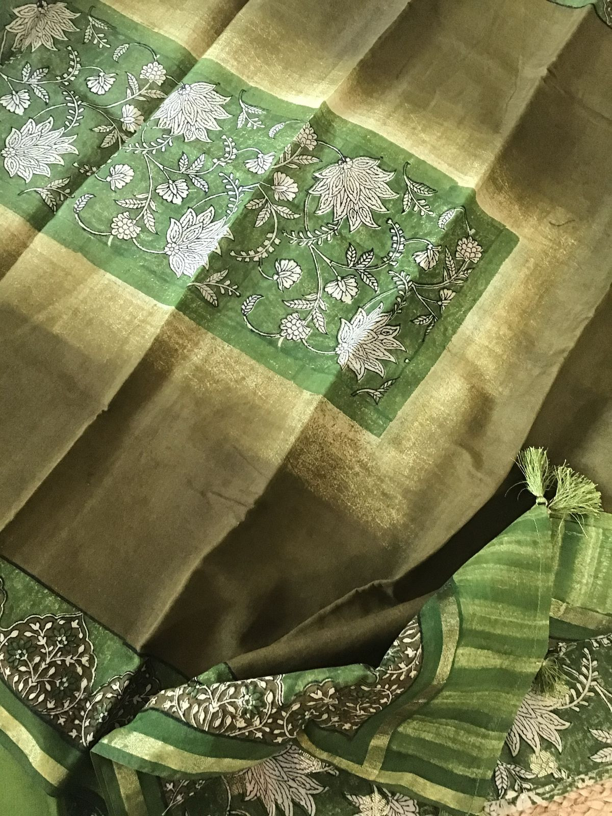 Pure Chanderi Printed Banarasi Weaved Suit - Dark Green