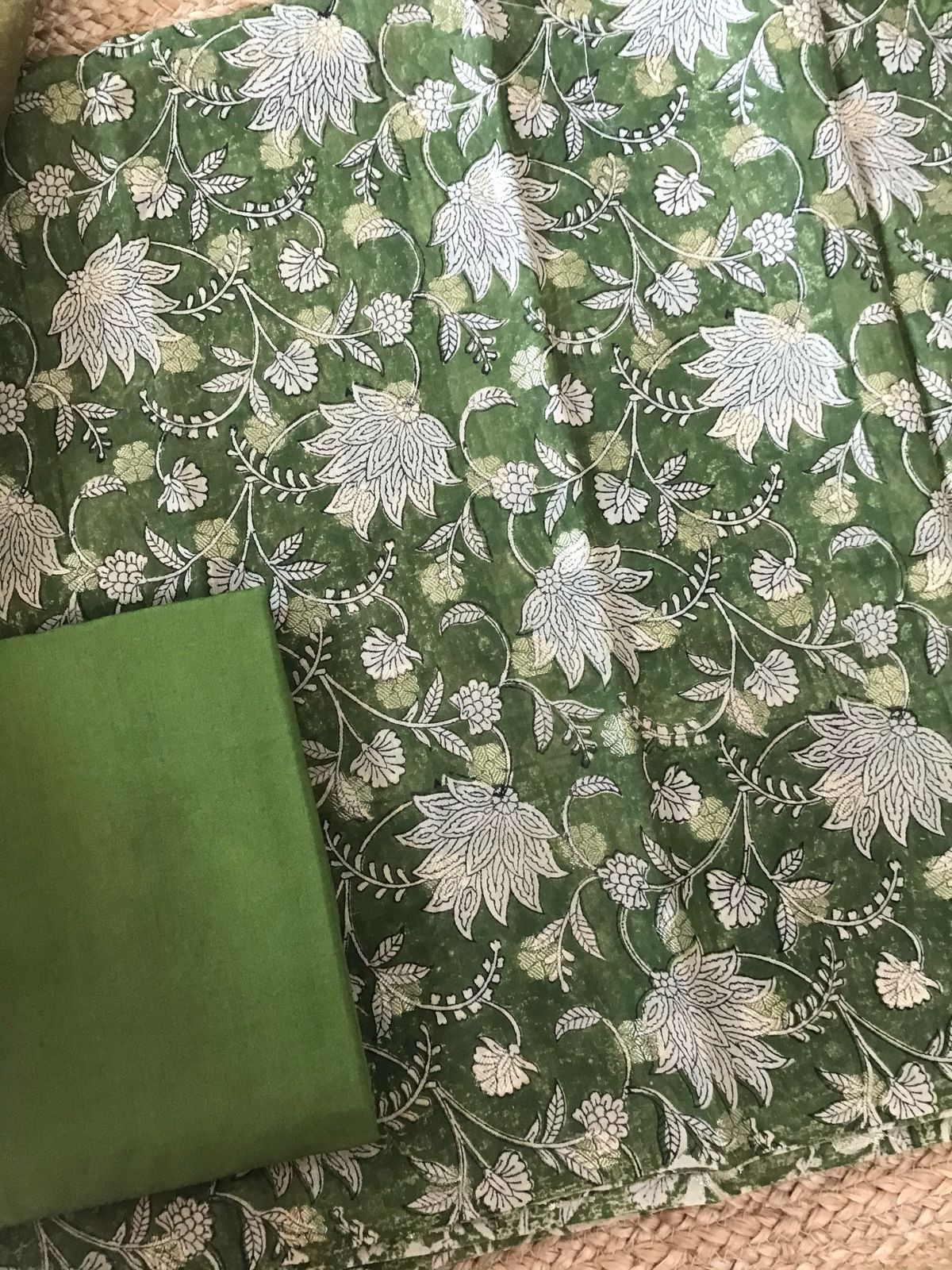 Pure Chanderi Printed Banarasi Weaved Suit - Dark Green