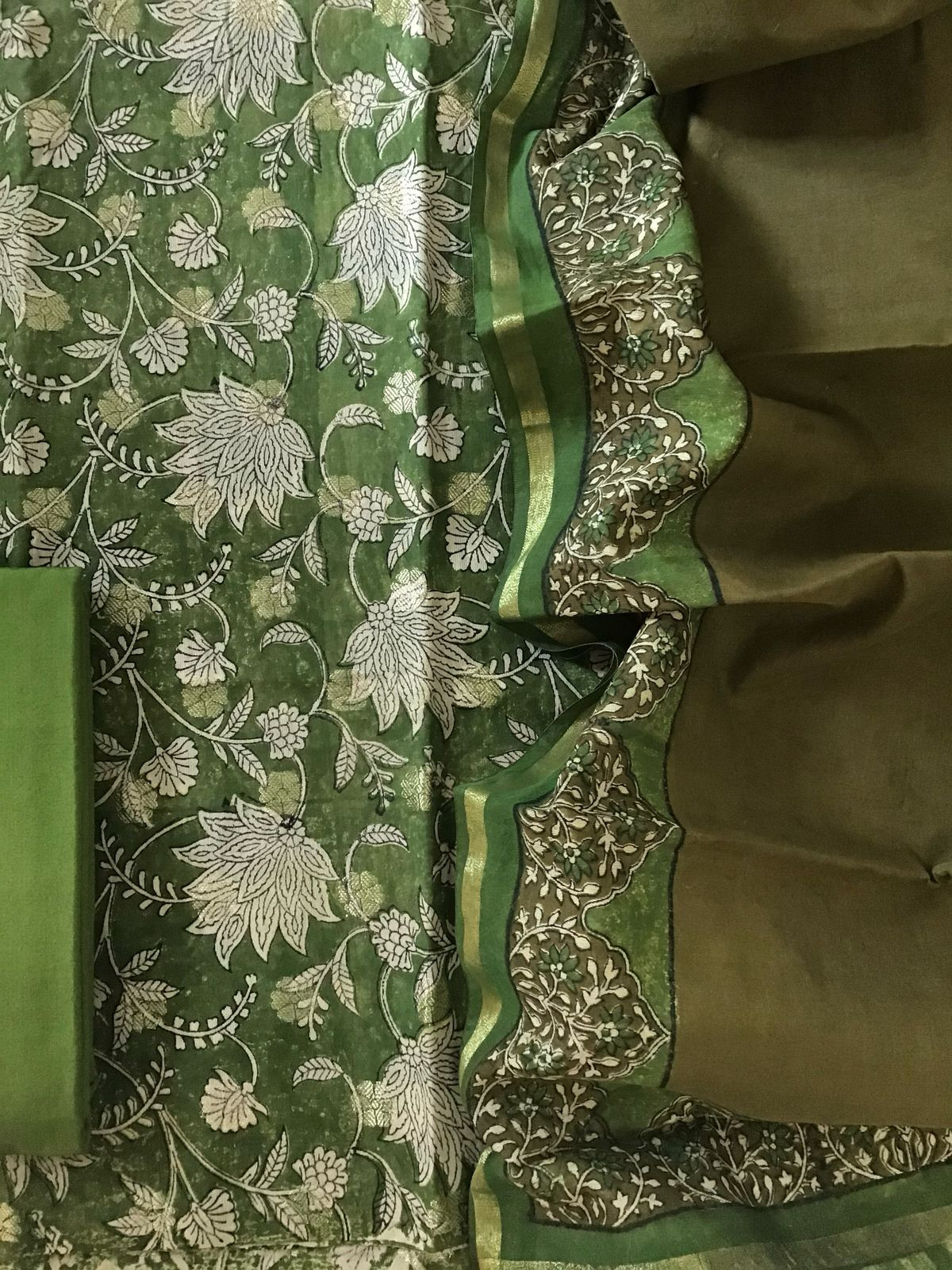 Pure Chanderi Printed Banarasi Weaved Suit - Dark Green