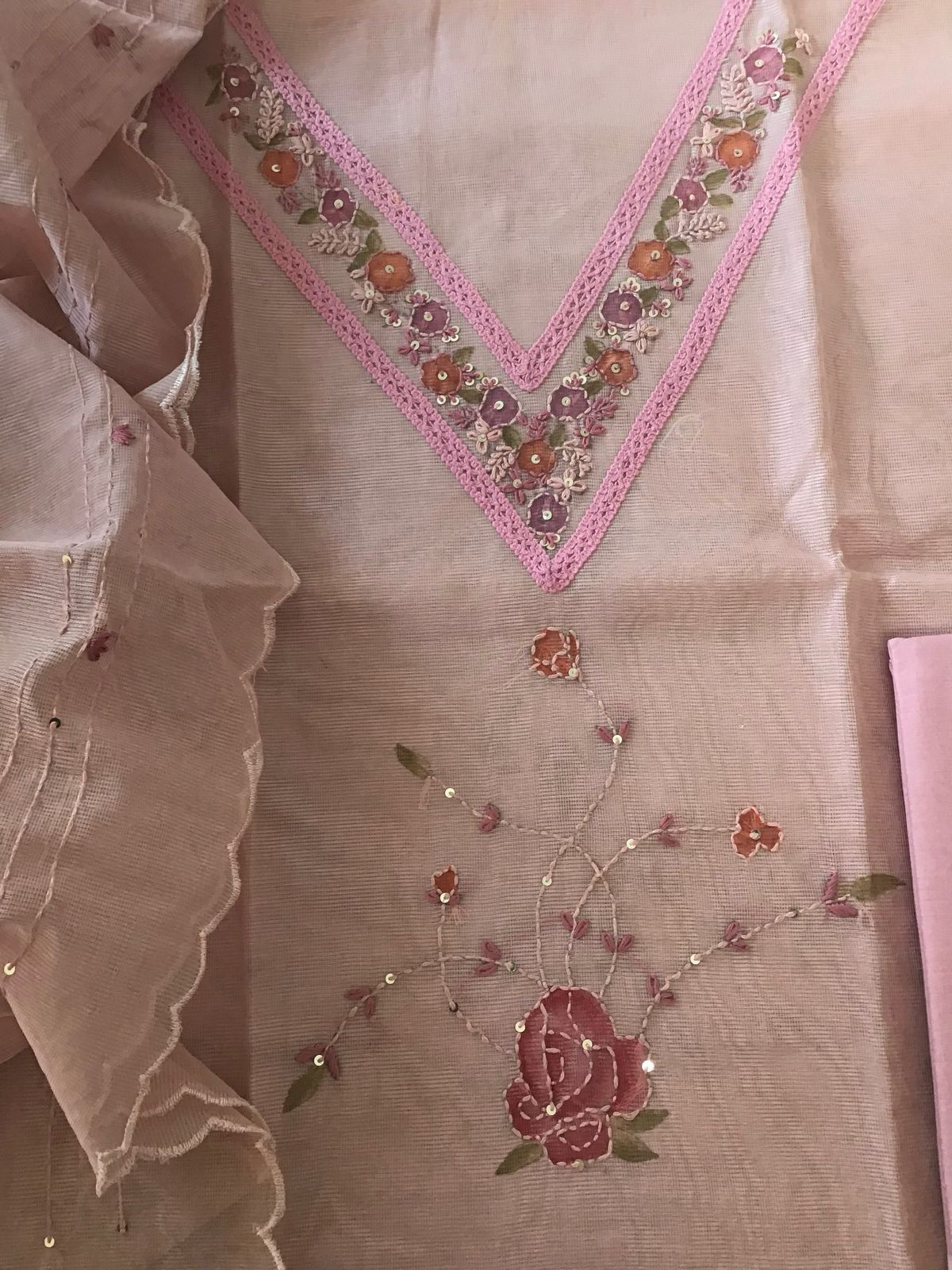 Soft Fine Supernet Printed Embroidered Suit - Onion Pink