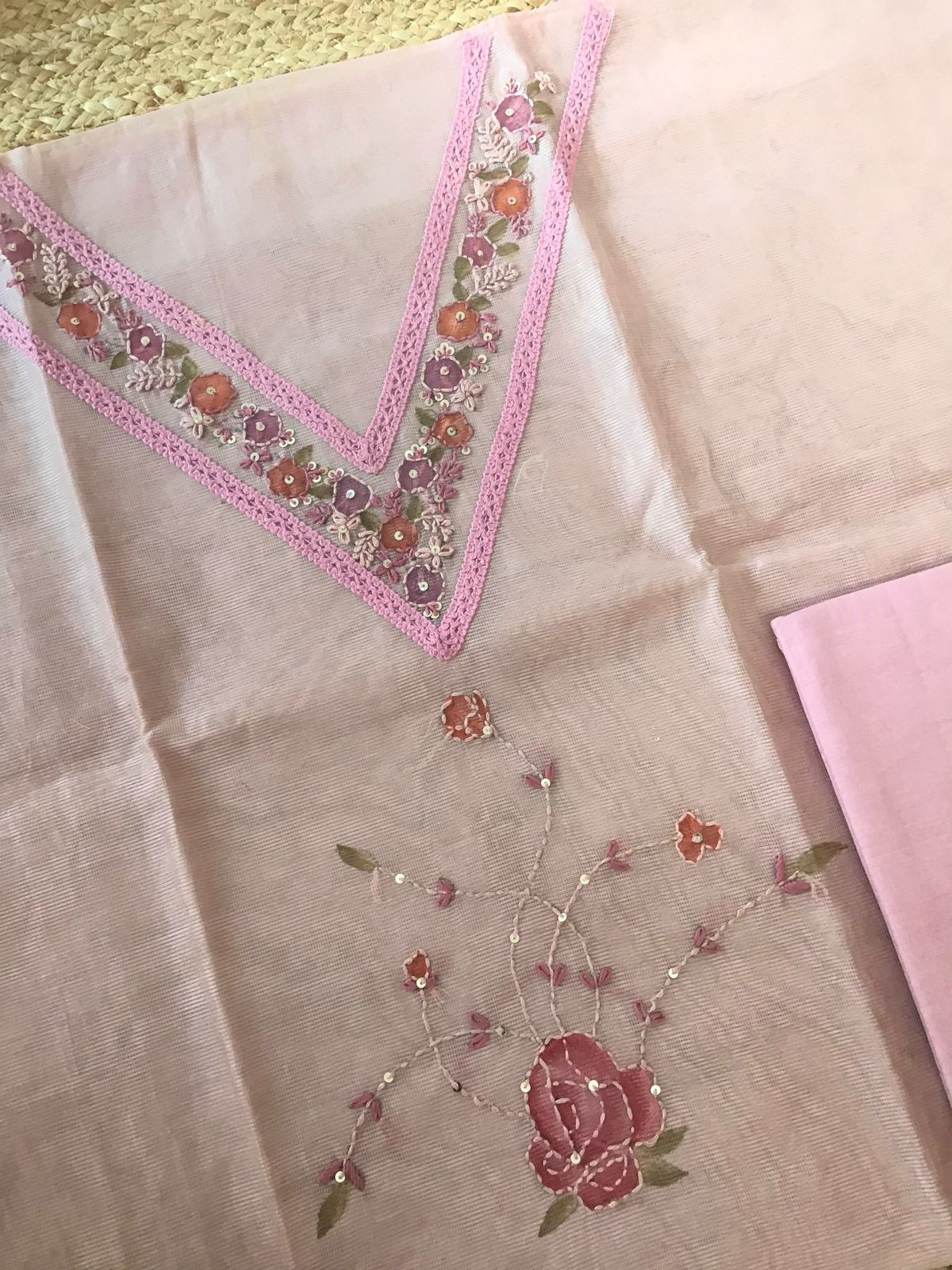 Soft Fine Supernet Printed Embroidered Suit - Onion Pink