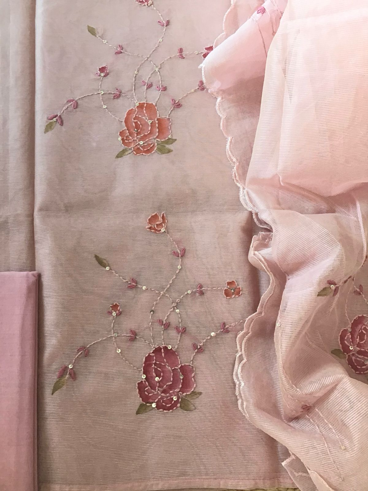 Soft Fine Supernet Printed Embroidered Suit - Onion Pink