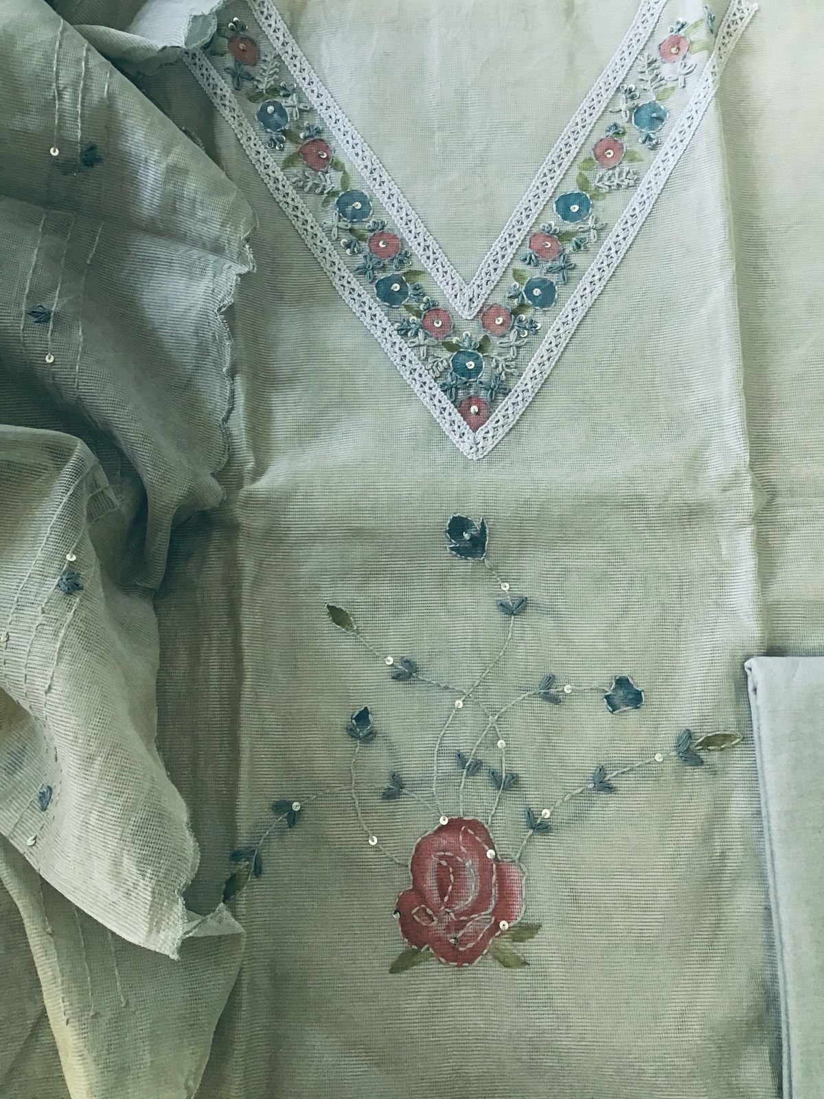 Soft Fine Supernet Printed Embroidered Suit - Grey