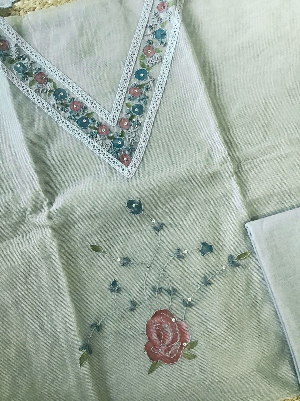 Soft Fine Supernet Printed Embroidered Suit - Grey