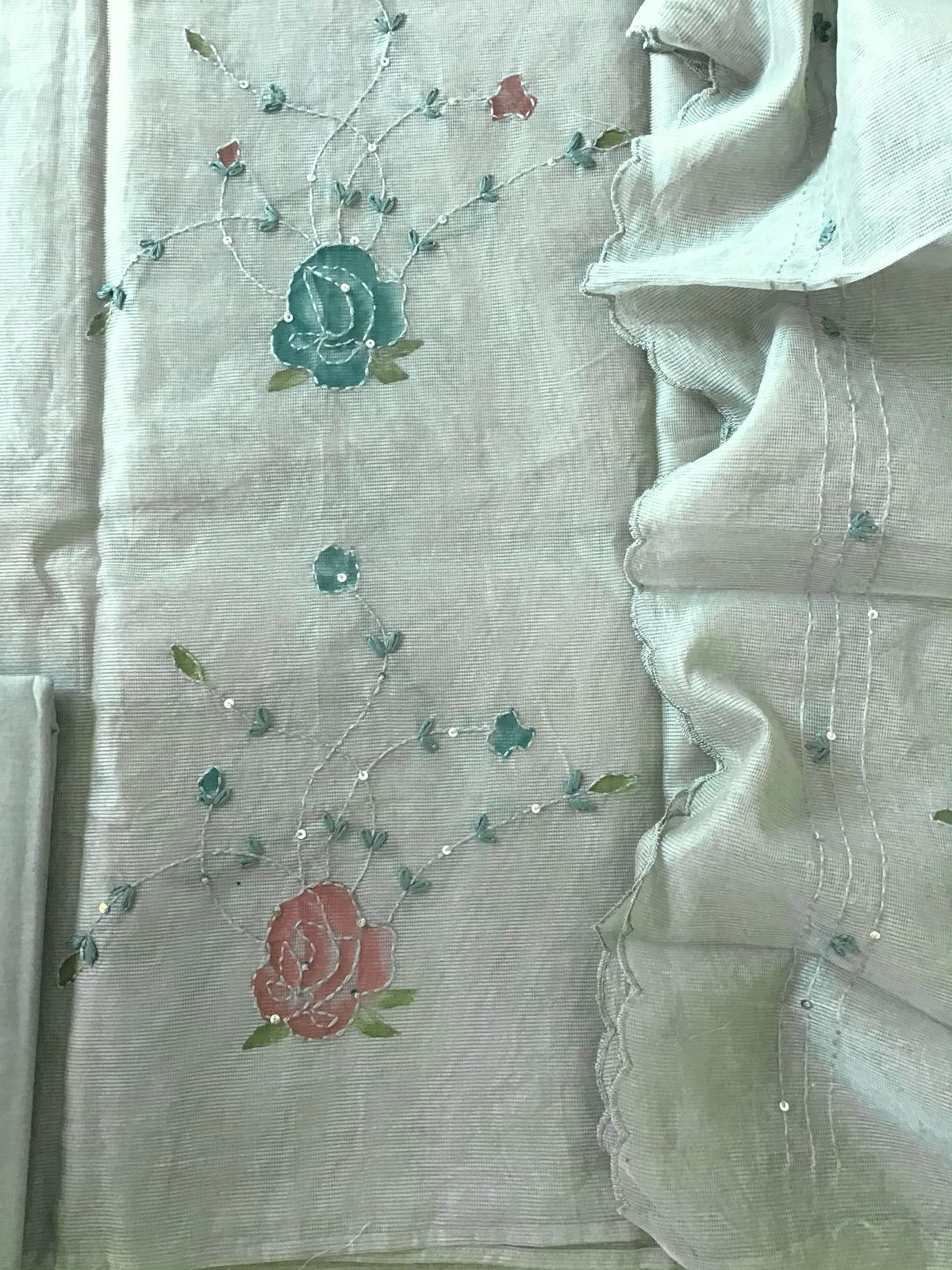 Soft Fine Supernet Printed Embroidered Suit - Grey