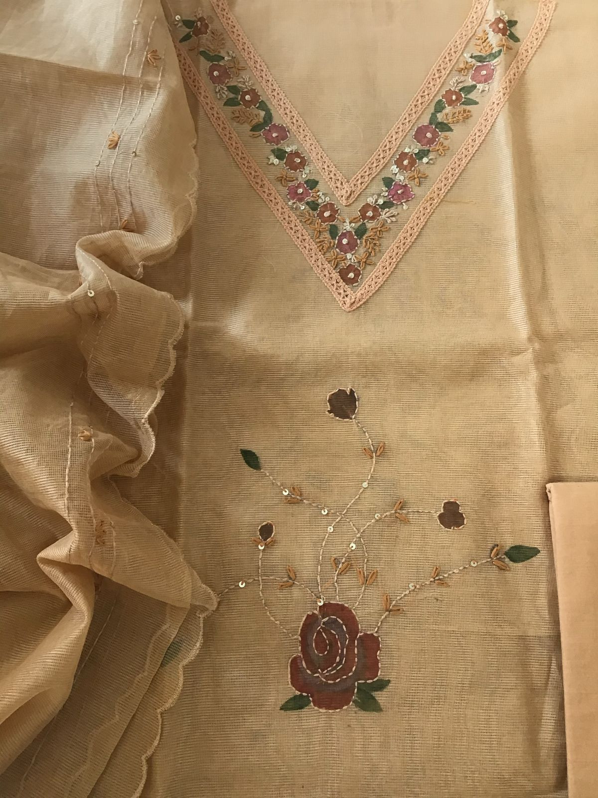 Soft Fine Supernet Printed Embroidered Suit - Beige