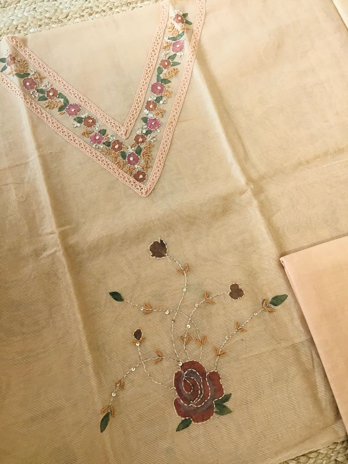 Soft Fine Supernet Printed Embroidered Suit - Beige