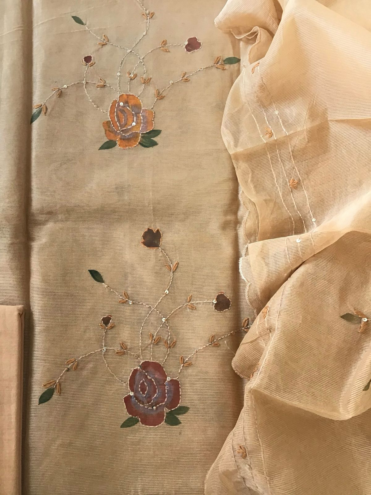 Soft Fine Supernet Printed Embroidered Suit - Beige