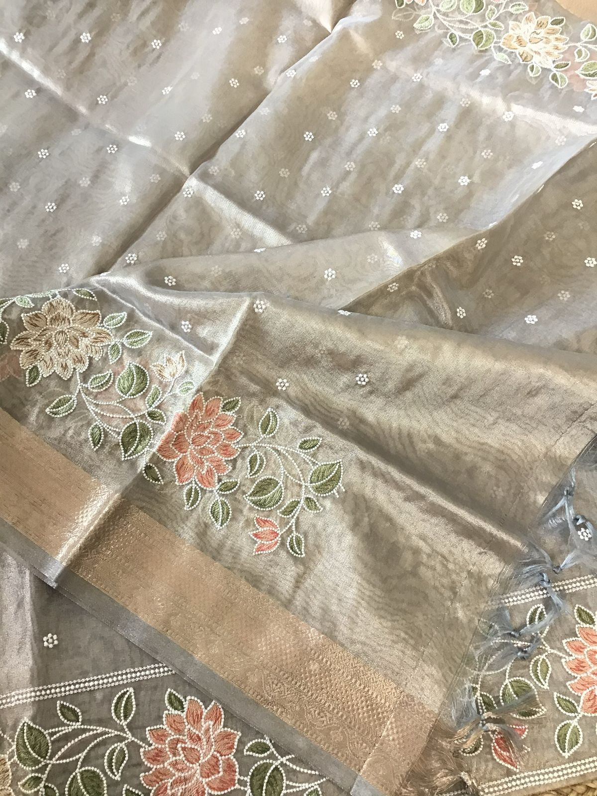 Soft Fine Tissue Organza Embroidered Suit - Grey