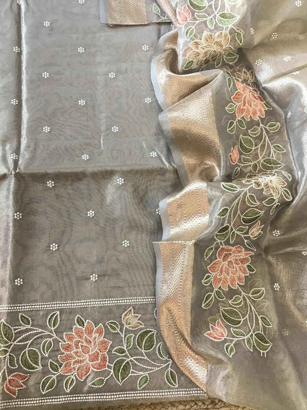 Soft Fine Tissue Organza Embroidered Suit - Grey