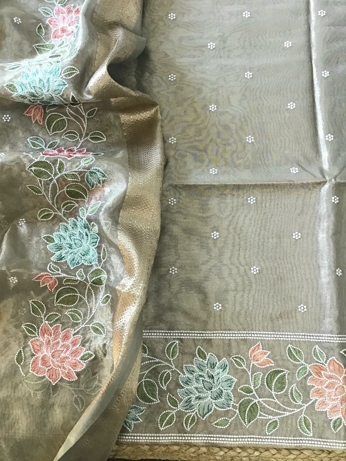 Soft Fine Tissue Organza Embroidered Suit - Beige